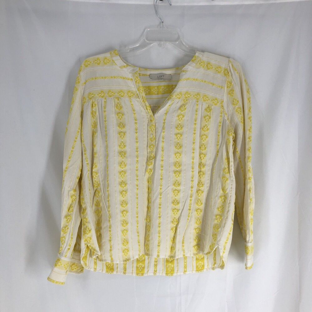 LOFT women’s yellow and cream embroidered half buttoned top size Large